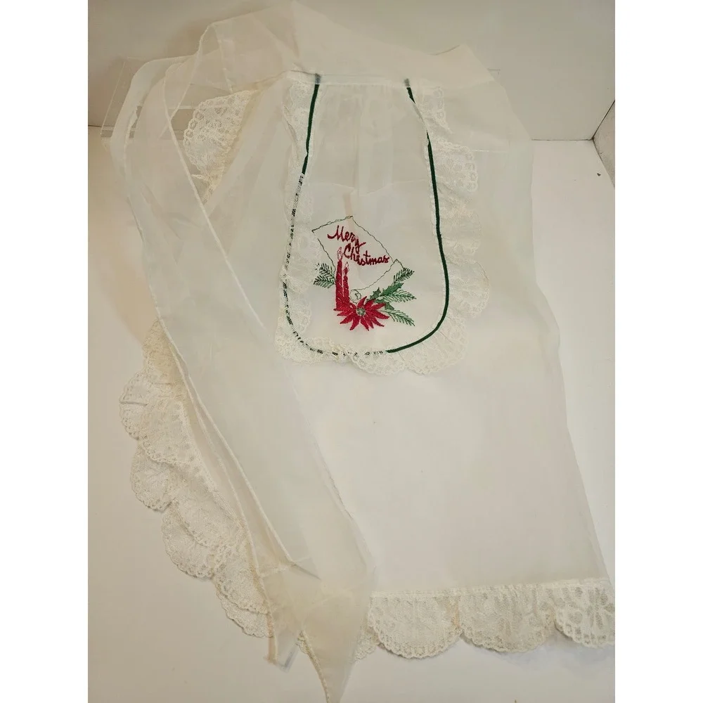 Vintage Christmas Apron White‎ Sheer Lace Embroidered Poinsettia Holiday cooking